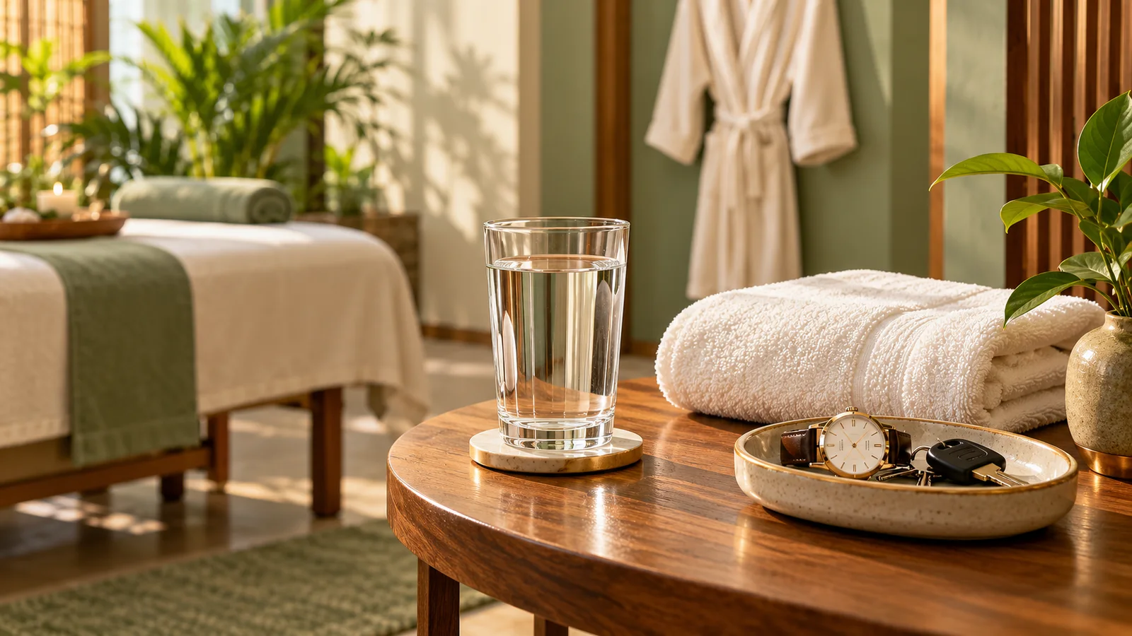 A glass of water beside a folded towel and personal belongings in a quiet relaxation setting.