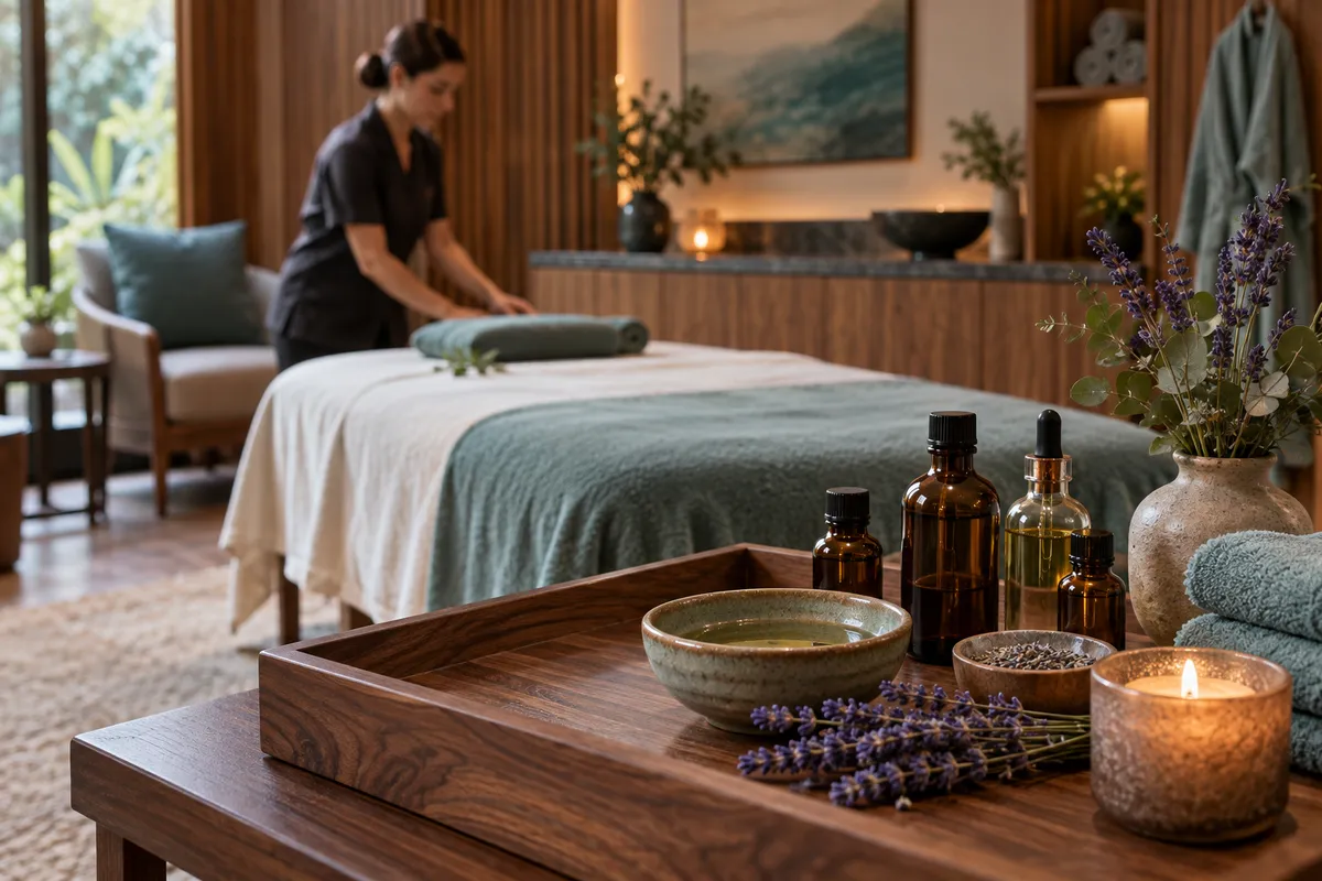 Essential oil bottles, lavender and a ceramic bowl beside a prepared treatment table