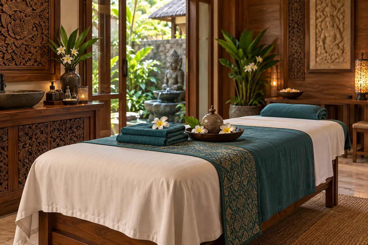 Prepared Balinese-style treatment room with carved wood, teal linens and frangipani flowers