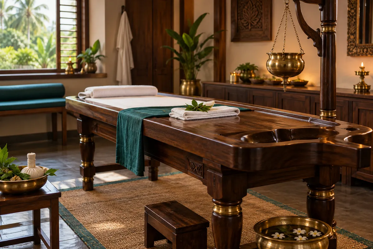 Traditional wooden Ayurvedic treatment table with brass oil vessel and folded linens