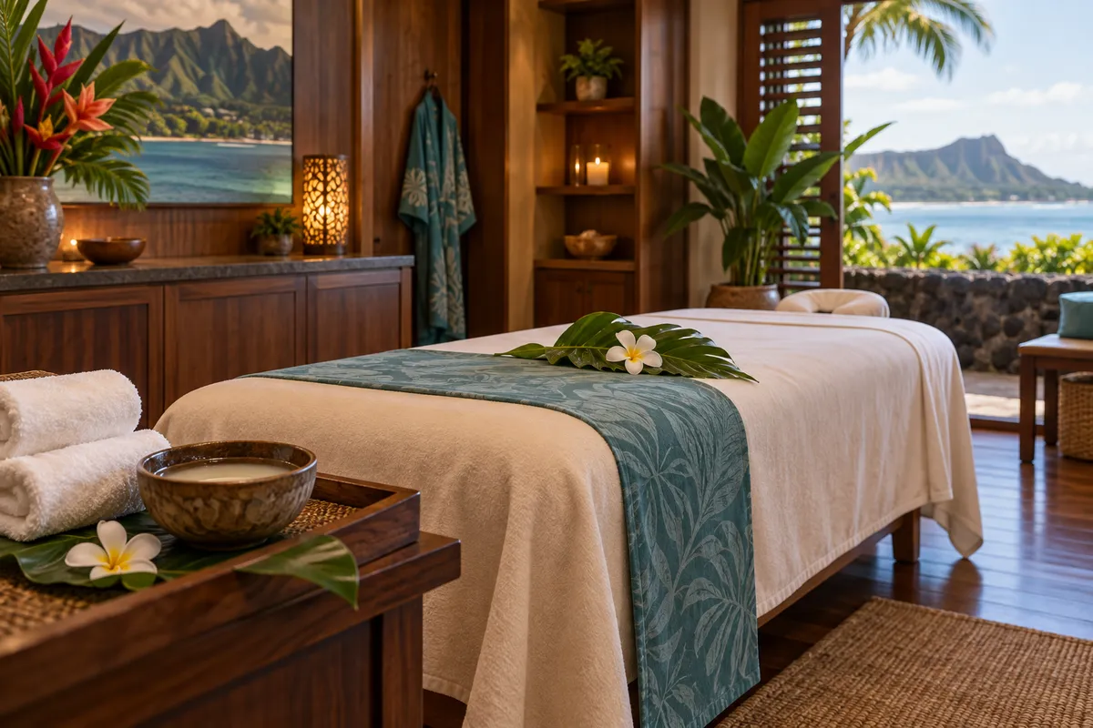 Hawaiian-inspired treatment room with coconut oil, tropical leaves and fresh linens