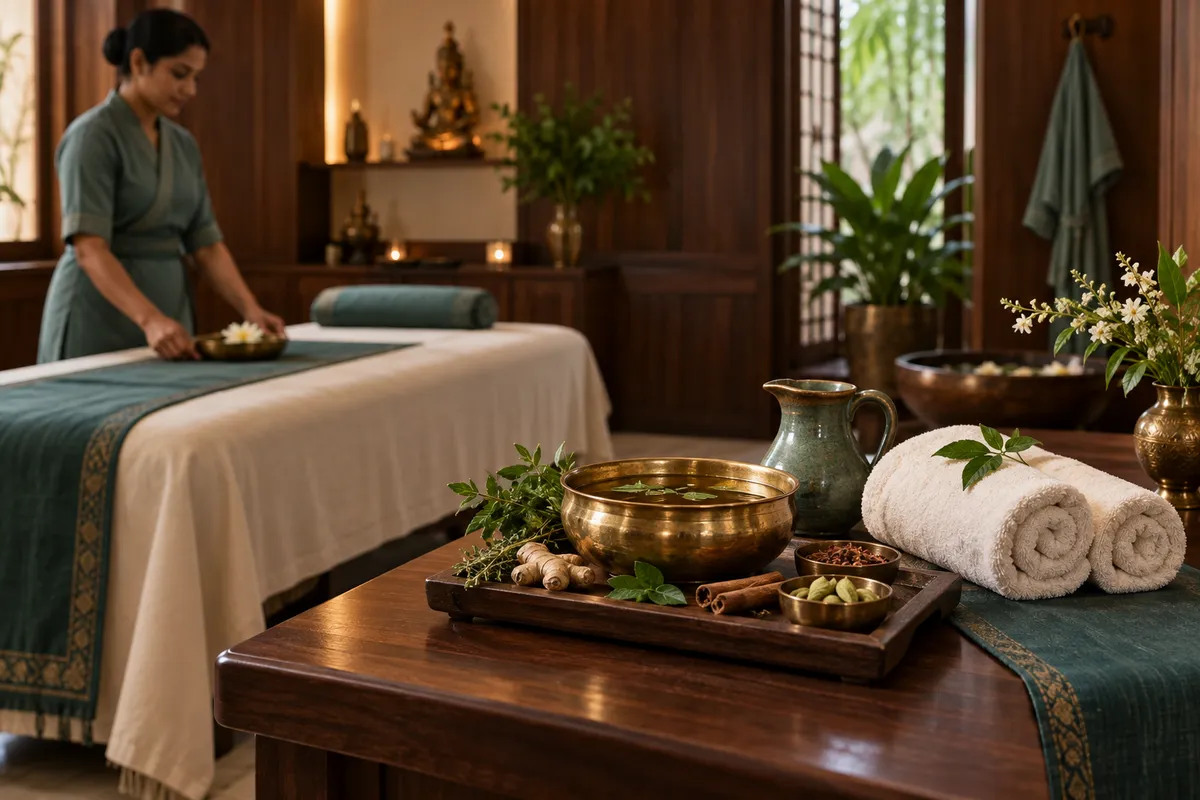 Brass herbal oil bowl, herbs, cream towels and ceramic pitcher in an Ayurvedic treatment room