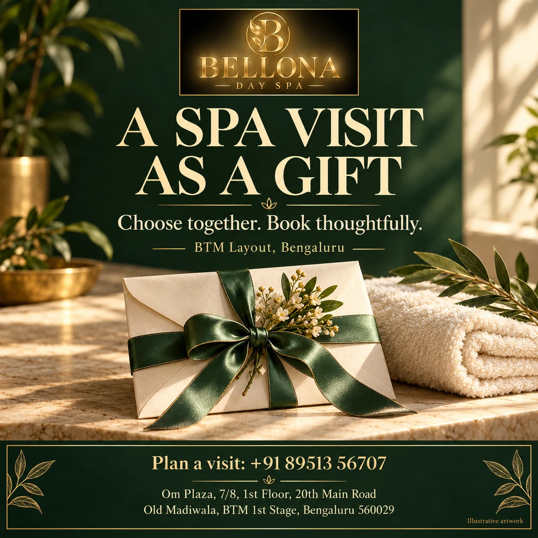 Bellona Day Spa poster: A spa visit as a gift. Choose together, book thoughtfully. A ribbon-tied envelope beside a spa towel.