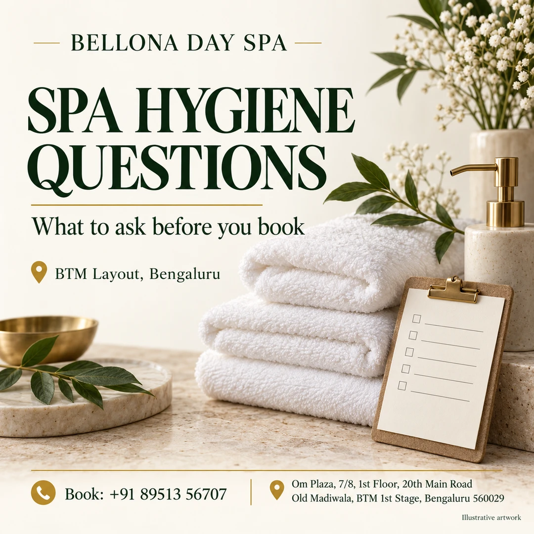 Spa hygiene questions poster with folded white towels, a pump bottle and a checklist.